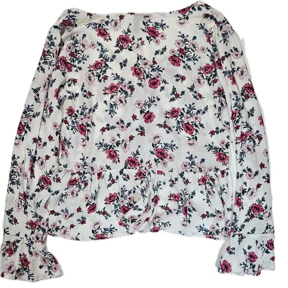 H&M Divided Shirt Womens 4 White Pink Floral Ruffle Peplum Button Front Top - Picture 8 of 8